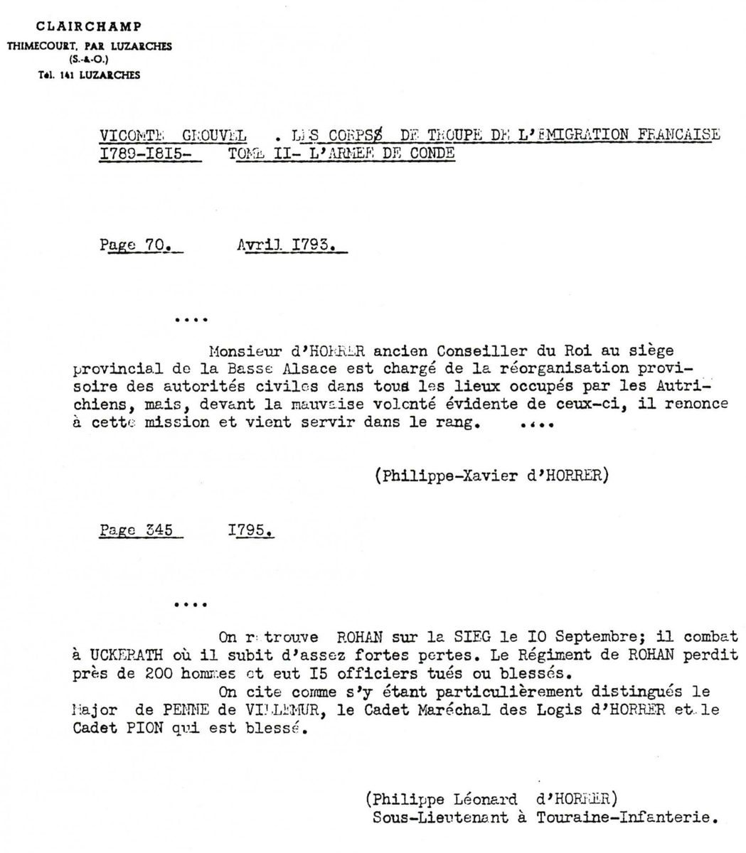 DOC 4 — Mentions de l'activité militaire des émigrés Philippe-Xavier d'Horrer et Philippe-Léonard d'Horrer, son fils