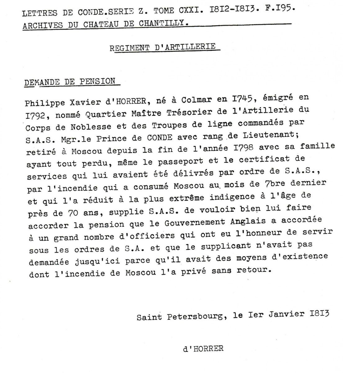 DOC 7 et 8 — Demandes de pension de Philippe-Xavier d'Horrer au prince de Condé, après l'incendie de Moscou