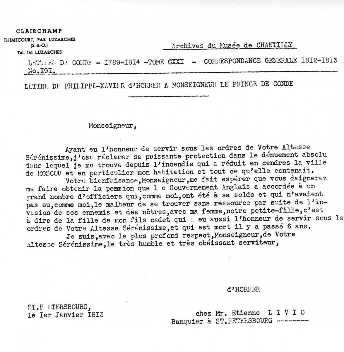 DOC 7 et 8 — Demandes de pension de Philippe-Xavier d'Horrer au prince de Condé, après l'incendie de Moscou