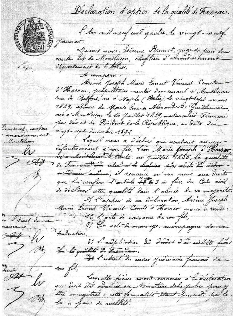 DOC 18 — Déclaration d'option de la nationalité française d'Arsène d'Horrer